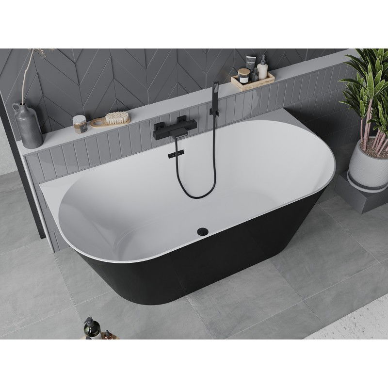 Mexen Oval Slim freestanding wall-adjacent bathtub 170 x 80 cm, white/black, black overflow - 52661708075-70
