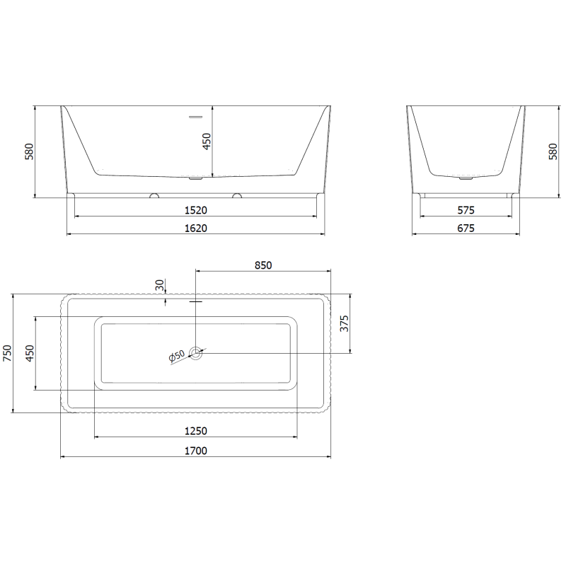 Mexen Nila freestanding ribbed bathtub 170 x 75 cm, white, black overflow - 52841708000-70