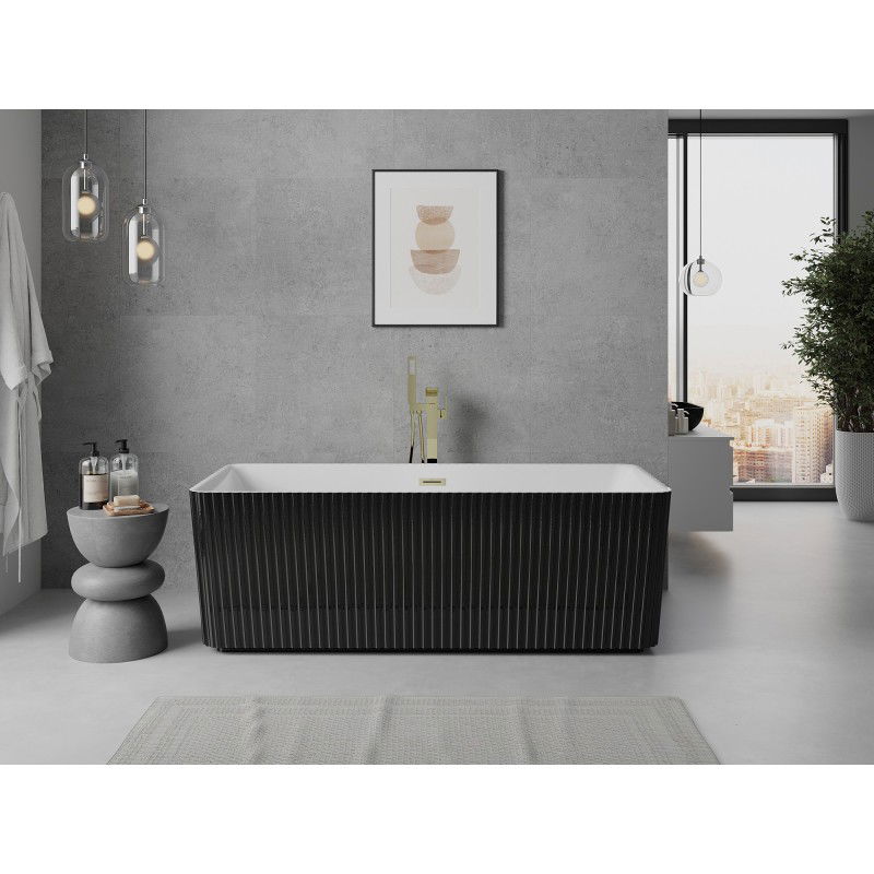 Mexen Nila freestanding fluted bathtub 170 x 75 cm, white/black, brushed gold overflow - 52841708075-55