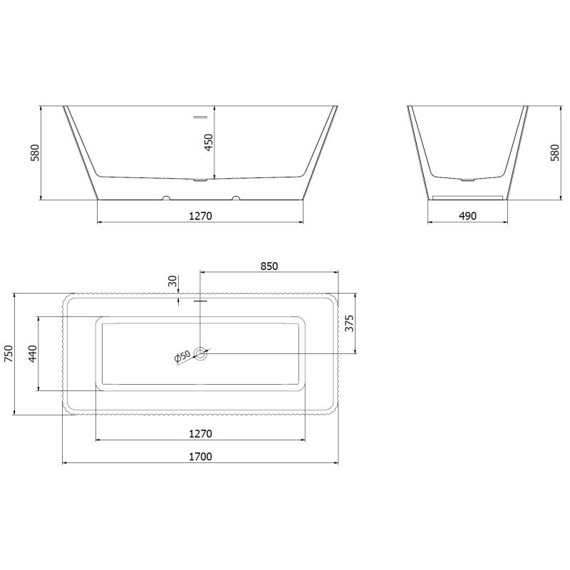 Mexen Tava freestanding ribbed bath 170 x 75 cm, white, chrome overflow - 52851707500-01