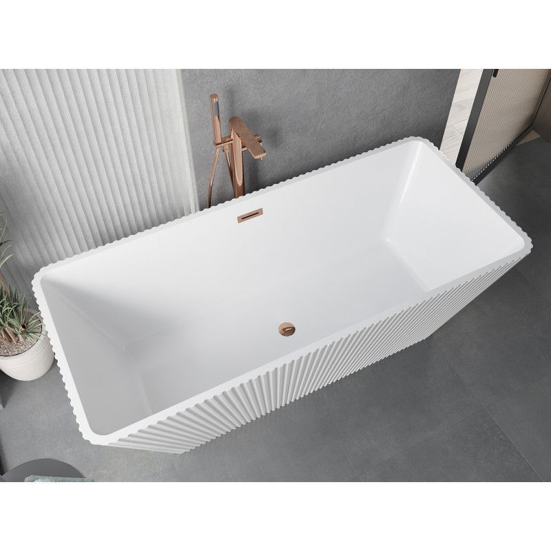 Mexen Tava free-standing fluted bathtub 170 x 75 cm, white, rose gold overflow - 52851707500-60