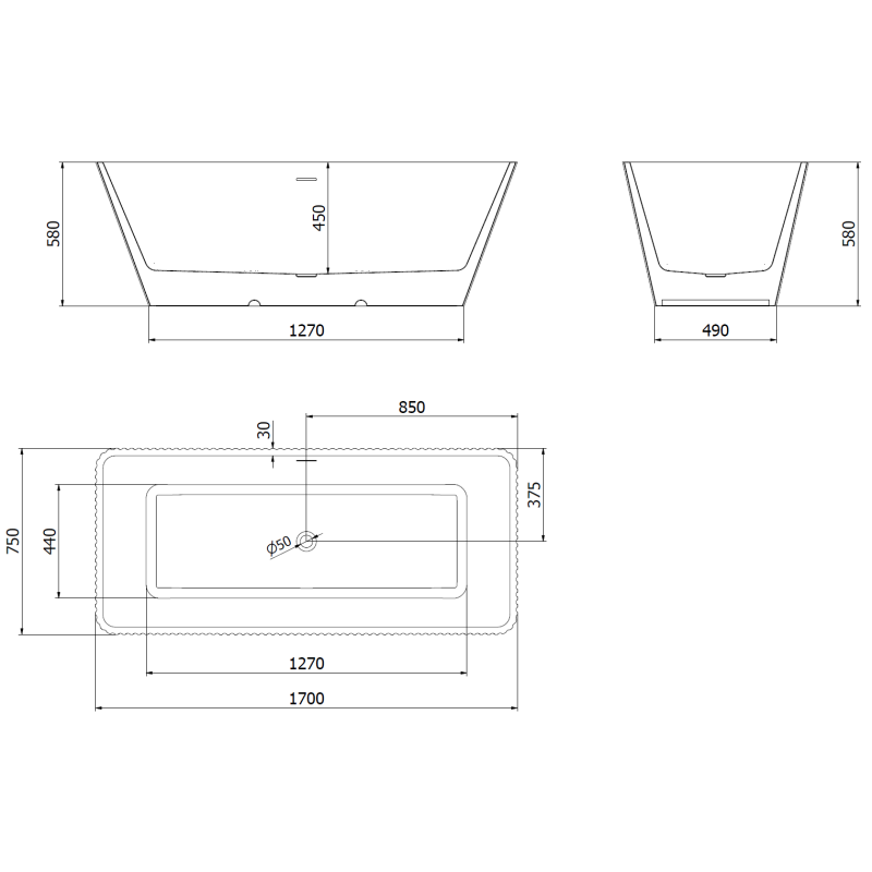 Mexen Tava fluted freestanding bath 170 x 75 cm, white/black, overflow gold - 52851707575-50