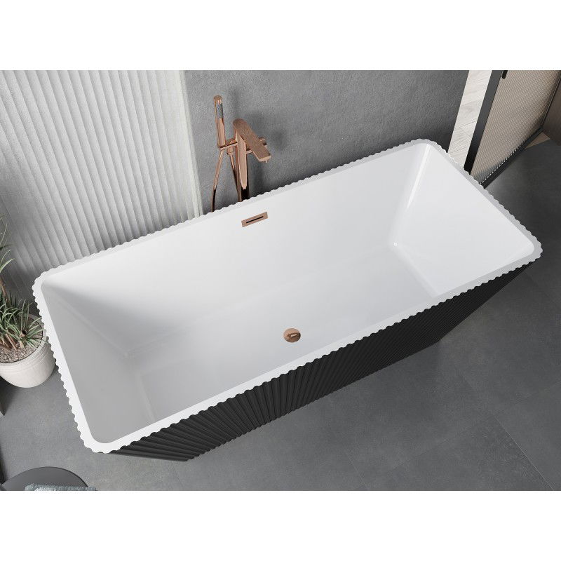 Mexen Tava freestanding ribbed bath 170 x 75 cm, white/black, overflow rose gold - 52851707575-60