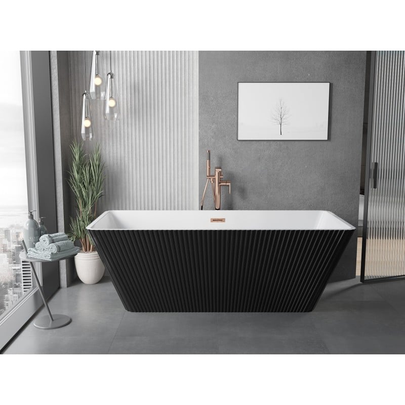 Mexen Tava freestanding ribbed bath 170 x 75 cm, white/black, brushed copper overflow - 52851707575-65