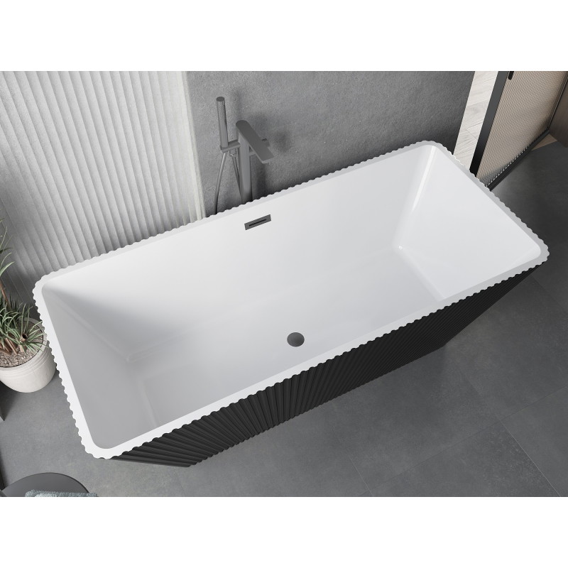 Mexen Tava freestanding fluted bathtub 170 x 75 cm, white/black, brushed gun gray overflow - 52851707575-66