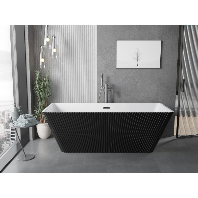 Mexen Tava freestanding fluted bathtub 170 x 75 cm, white/black, brushed gun gray overflow - 52851707575-66
