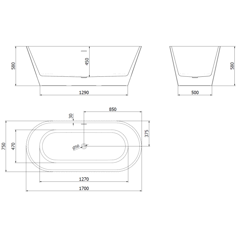 Mexen Yara freestanding ribbed bath 170 x 75 cm, white, chrome overflow - 52861707500-01