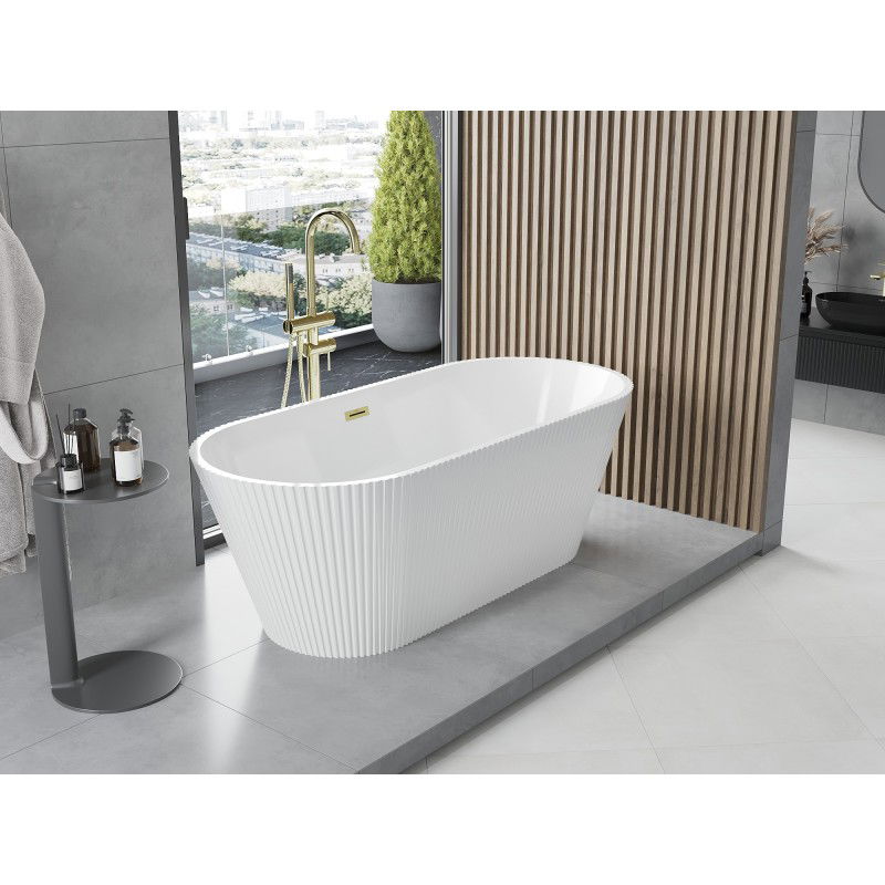 Mexen Yara freestanding ribbed bath 170 x 75 cm, white, brushed gold overflow - 52861707500-55