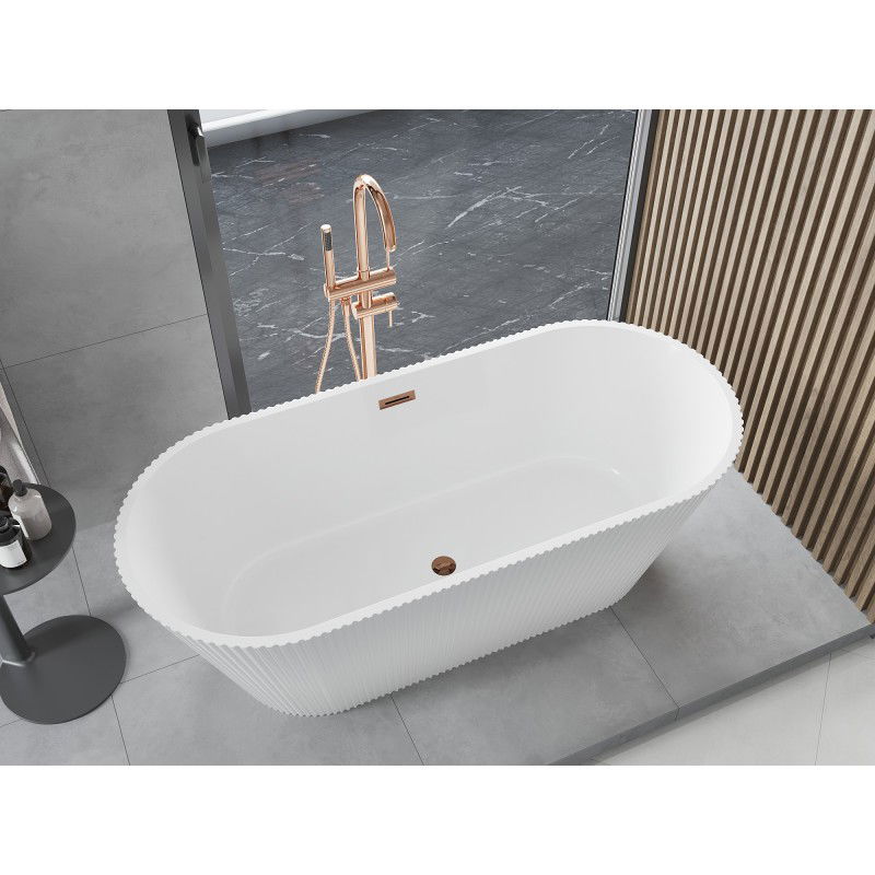 Mexen Yara Freestanding Ribbed Bathtub 170 x 75 cm, White, Overflow Rose Gold - 52861707500-60