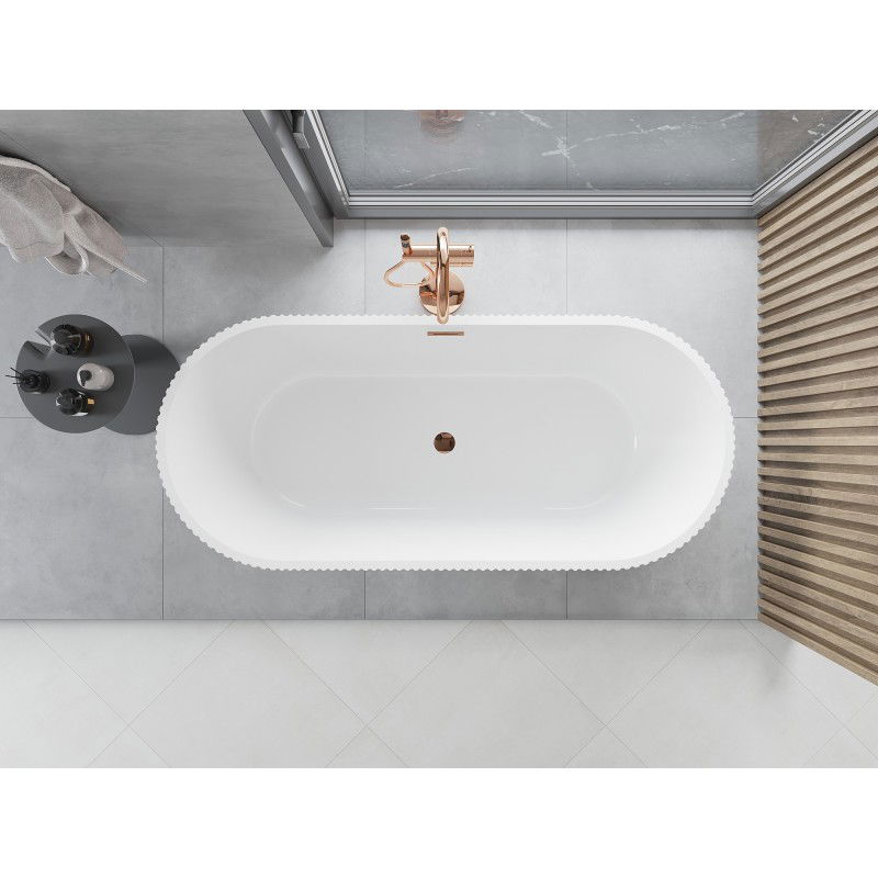 Mexen Yara Freestanding Ribbed Bathtub 170 x 75 cm, White, Overflow Rose Gold - 52861707500-60