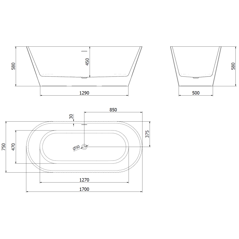Mexen Yara freestanding fluted bath 170 x 75 cm, white, black overflow - 52861707500-70