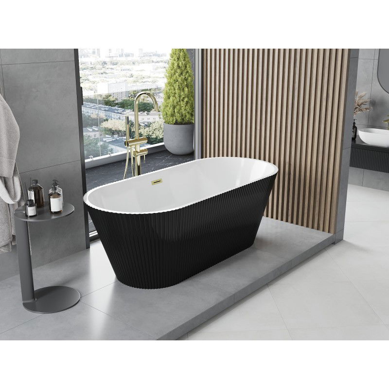 Mexen Yara freestanding fluted bath 170 x 75 cm, white/black, overflow gold - 52861707575-50