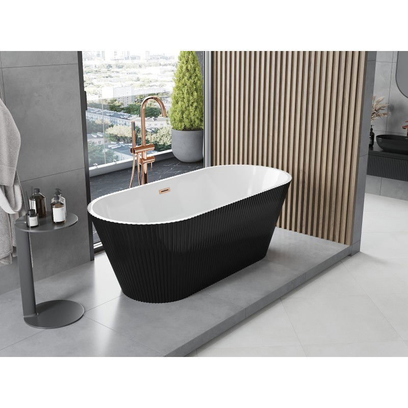 Mexen Yara freestanding fluted bath 170 x 75 cm, white/black, rose gold overflow - 52861707575-60