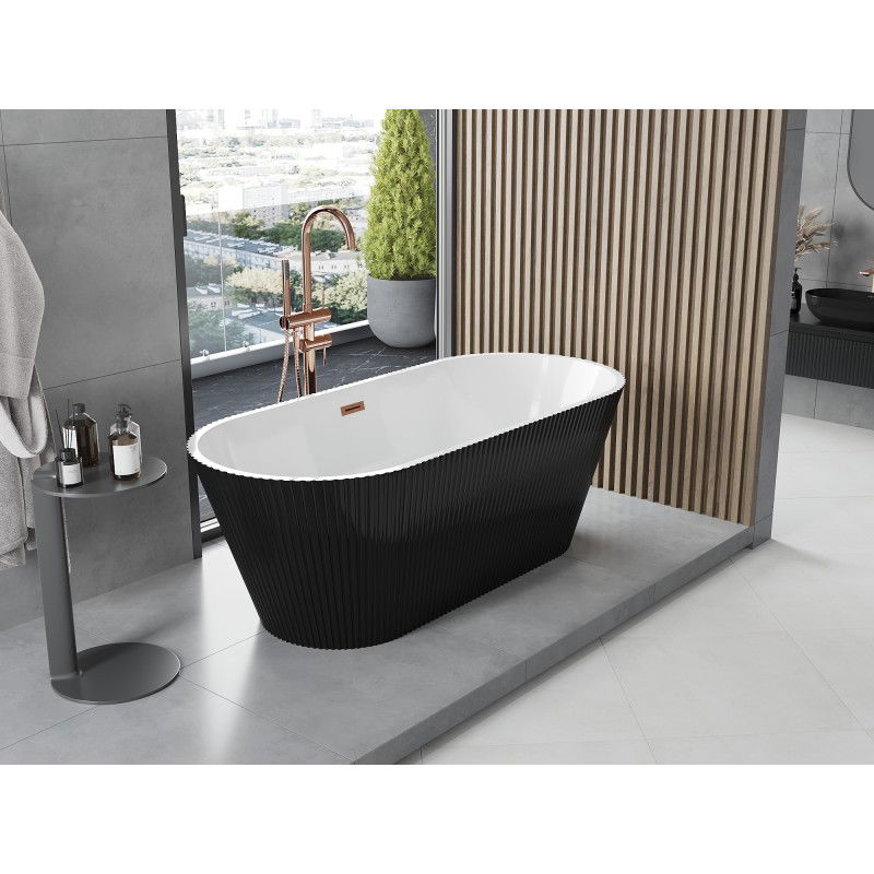 Mexen Yara freestanding ribbed bathtub 170 x 75 cm, white/black, gun gray brushed overflow - 52861707575-66