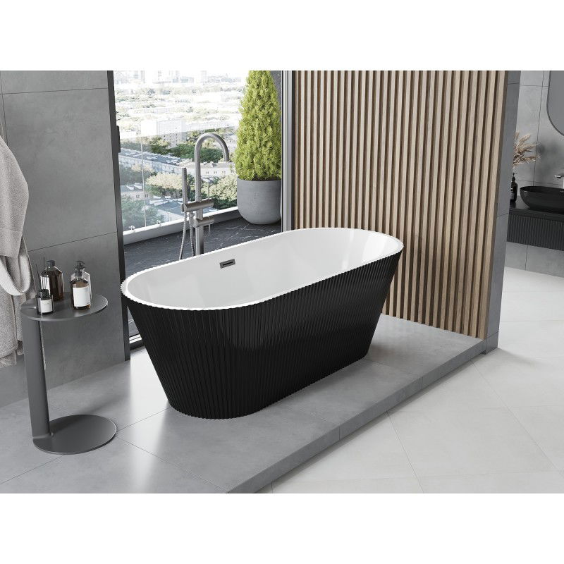 Mexen Yara Free-Standing Ribbed Bathtub 170 x 75 cm, White/Black, Gun Metal Overflow - 52861707575-95