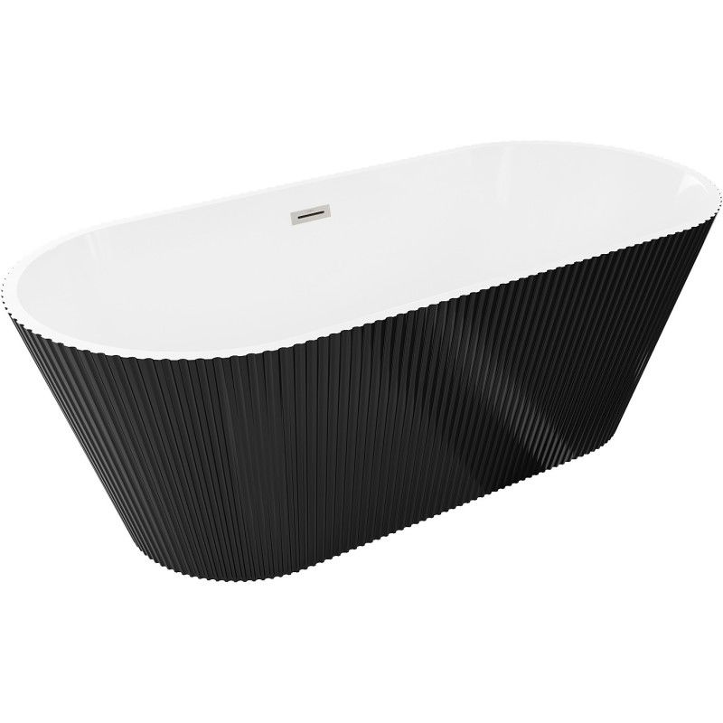 Mexen Yara freestanding fluted bath 170 x 75 cm, white/black, brushed nickel overflow - 52861707575-97