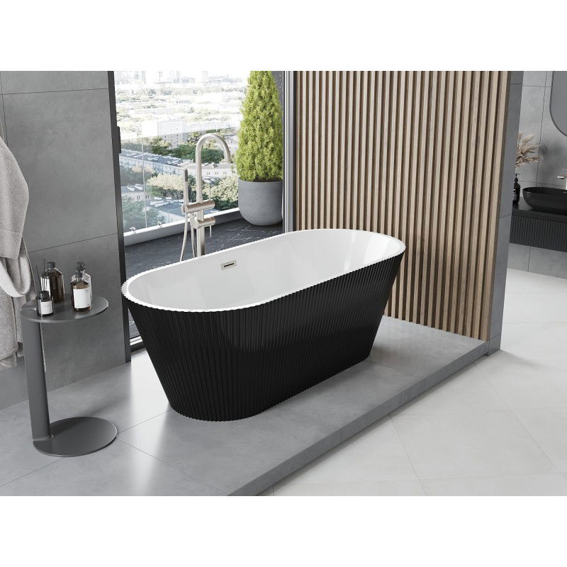 Mexen Yara freestanding fluted bath 170 x 75 cm, white/black, brushed nickel overflow - 52861707575-97