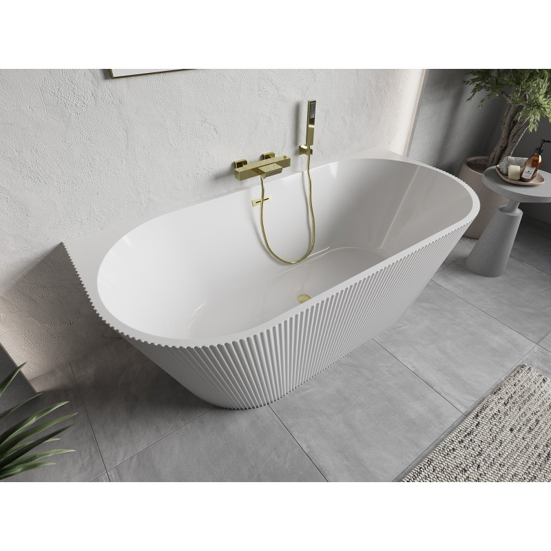 Mexen Oris freestanding wall-mounted fluted bathtub 150 x 75 cm, white, brushed gold overflow - 52871507500-55