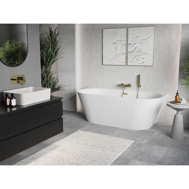 Mexen Oris freestanding wall-mounted fluted bathtub 150 x 75 cm, white, brushed gold overflow - 52871507500-55