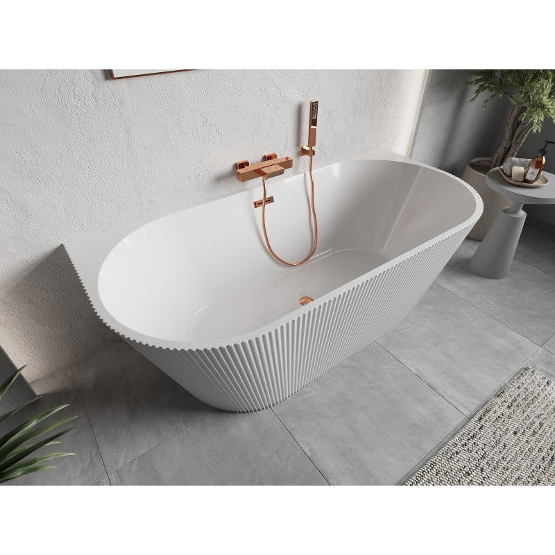 Mexen Oris free-standing ribbed wall bathtub 150 x 75 cm, white, overflow pink gold - 52871507500-60