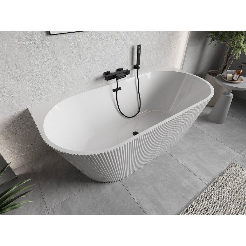 Mexen Oris free-standing wall-adjacent bath ribbed 150 x 75 cm, white, black overflow - 52871507500-70