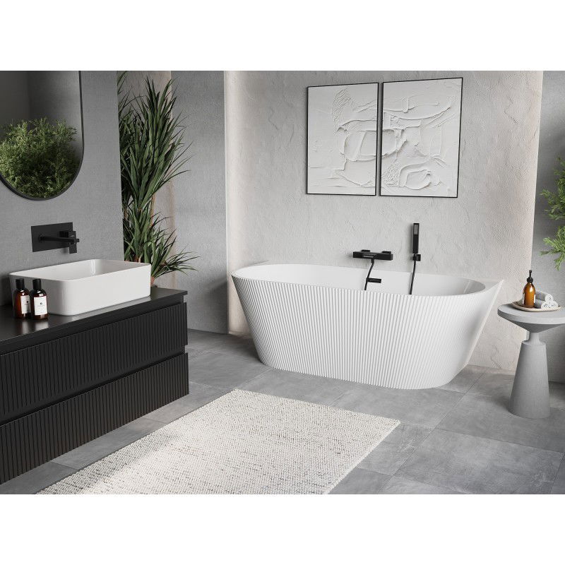 Mexen Oris free-standing wall-adjacent bath ribbed 150 x 75 cm, white, black overflow - 52871507500-70