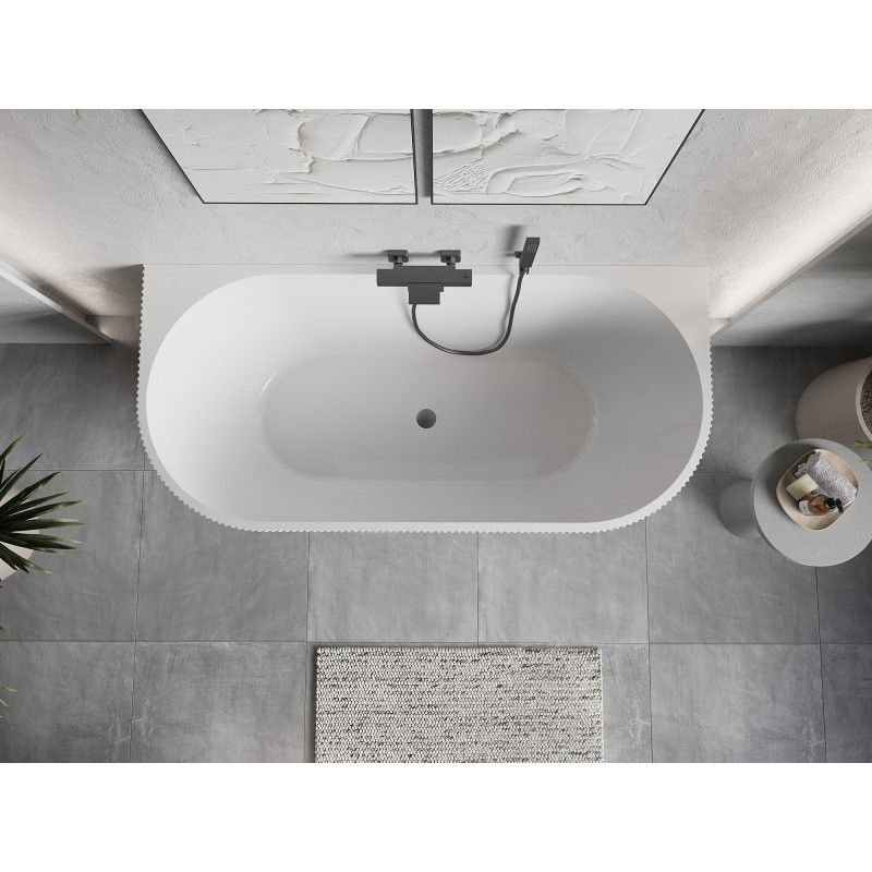 Mexen Oris freestanding wall-adjacent ribbed bath 150 x 75 cm, white, gun gray brushed overflow - 52871507500-66