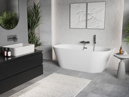 Mexen Oris freestanding ribbed wall-adjacent bathtub 150 x 75 cm, white, overflow gun gray brushed - 52871507500-66