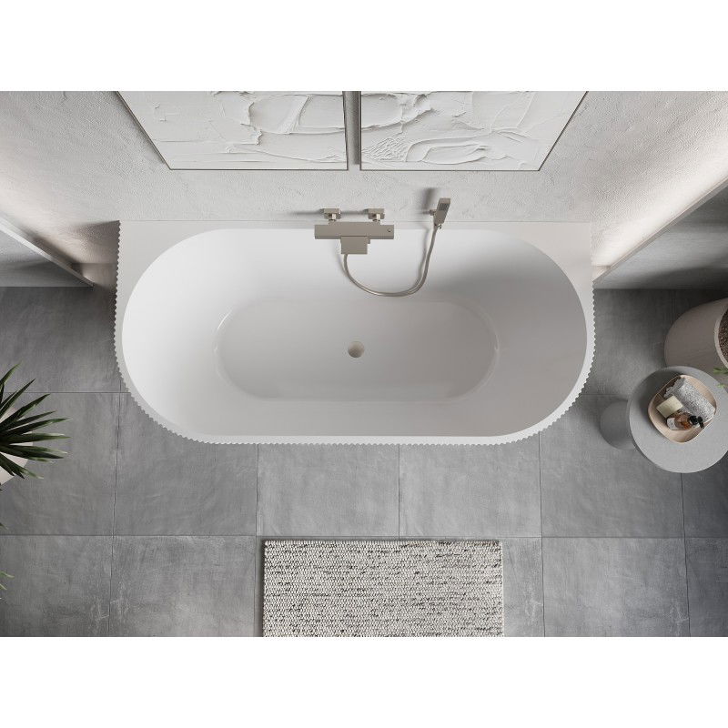 Mexen Oris freestanding against-the-wall ribbed bath 150 x 75 cm, white, brushed nickel overflow - 52871507500-97