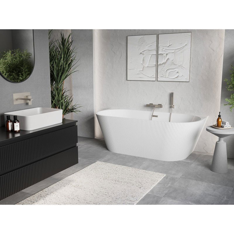 Mexen Oris freestanding against-the-wall ribbed bath 150 x 75 cm, white, brushed nickel overflow - 52871507500-97