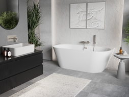 Mexen Oris freestanding against-the-wall ribbed bath 150 x 75 cm, white, brushed nickel overflow - 52871507500-97