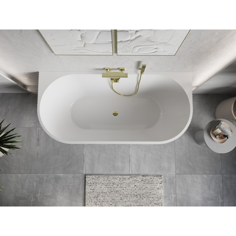 Mexen Oris freestanding ribbed wall-adjacent bathtub 150 x 75 cm, white/gray, gold overflow - 52871507562-50