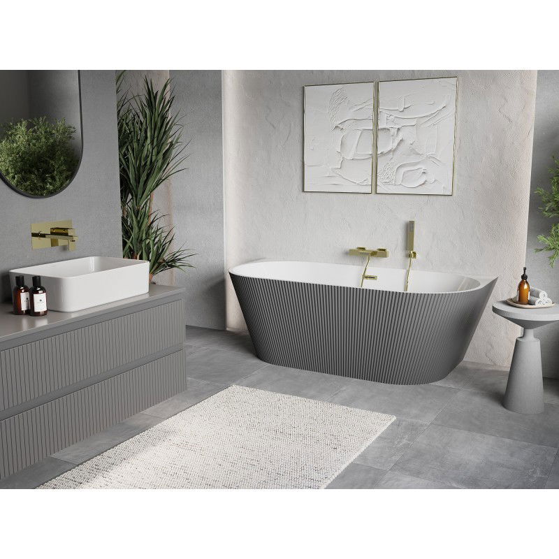 Mexen Oris Free-Standing Wall-Mounted Ribbed Bathtub 150 x 75 cm, White/Grey, Gold Overflow - 52871507562-50