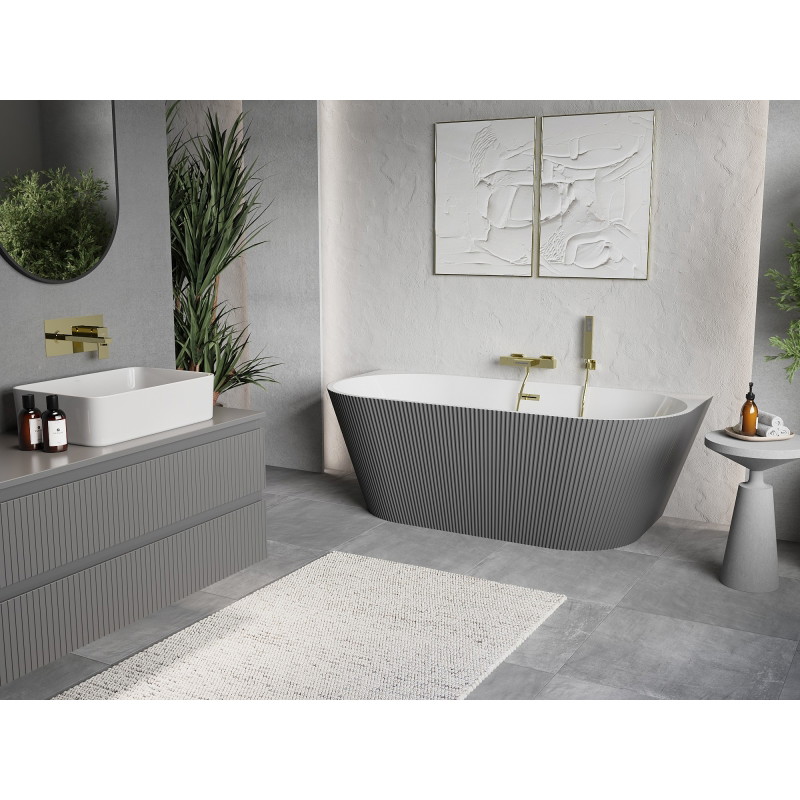 Mexen Oris freestanding ribbed wall-adjacent bathtub 150 x 75 cm, white/gray, gold overflow - 52871507562-50