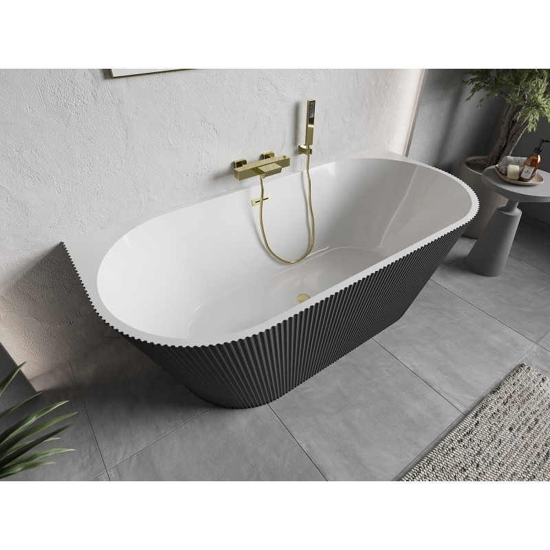 Mexen Oris freestanding wall mounted ribbed bathtub 150 x 75 cm, white/gray, brushed gold overflow - 52871507562-55