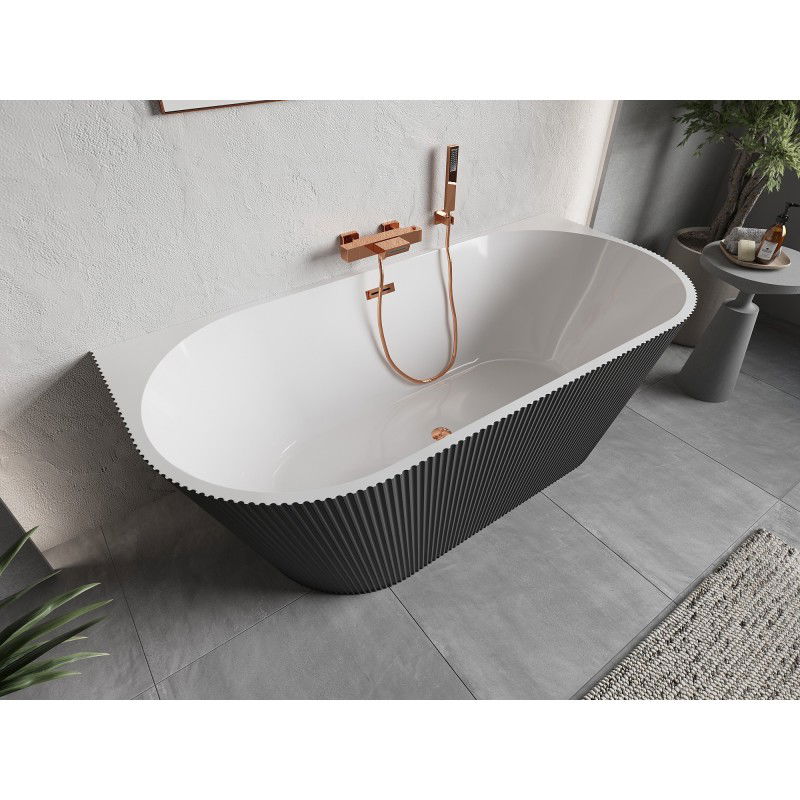 Mexen Oris free-standing back-to-wall fluted bath 150 x 75 cm, white/grey, overflow rose gold - 52871507562-60