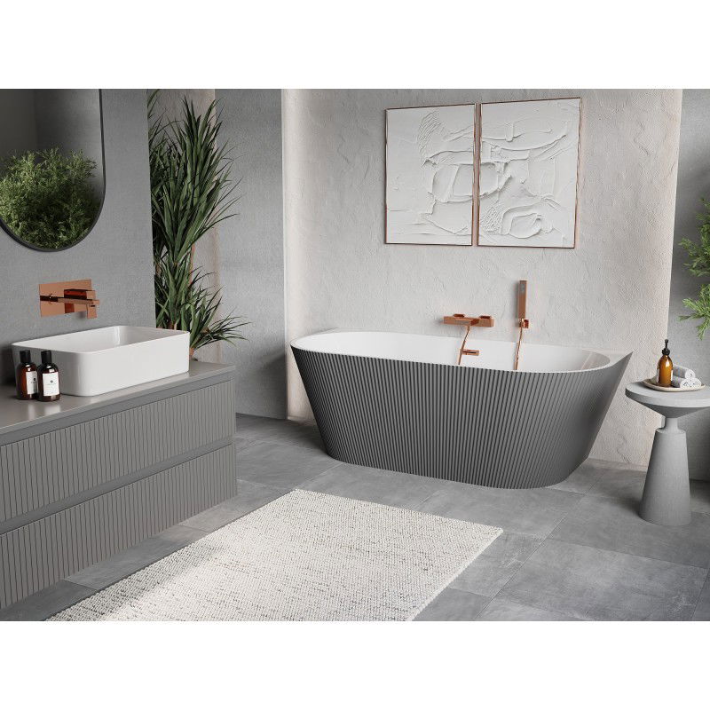 Mexen Oris free-standing back-to-wall fluted bath 150 x 75 cm, white/grey, overflow rose gold - 52871507562-60