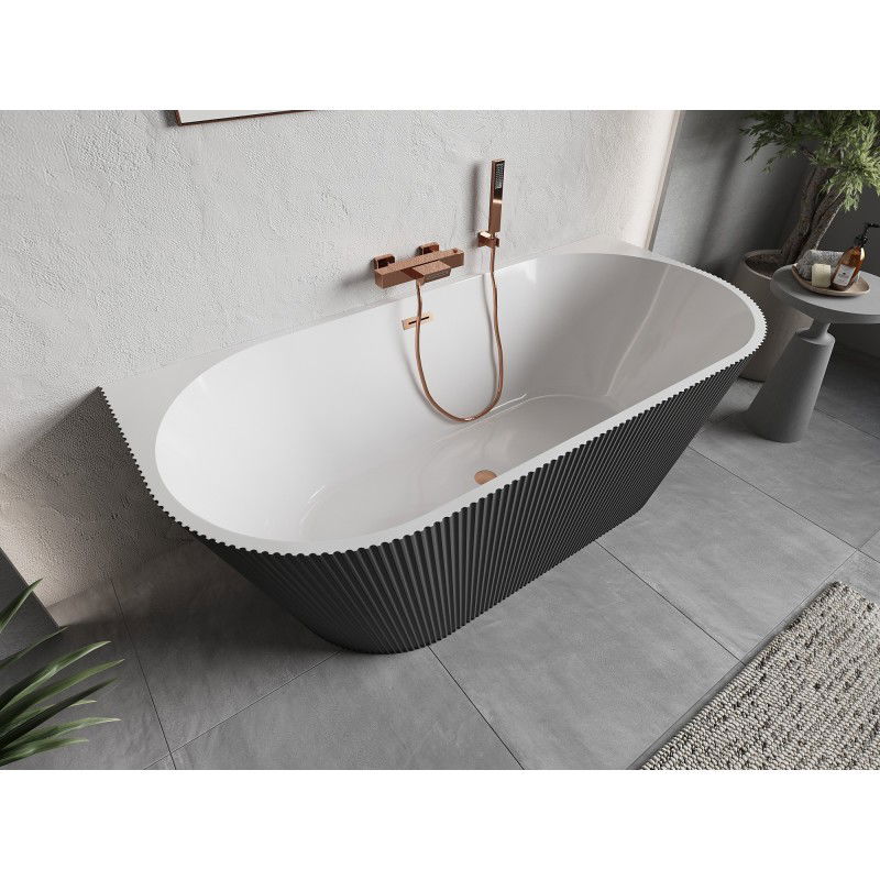 Mexen Oris wall-mounted freestanding fluted bathtub 150 x 75 cm, white/grey, brushed copper overflow - 52871507562-65