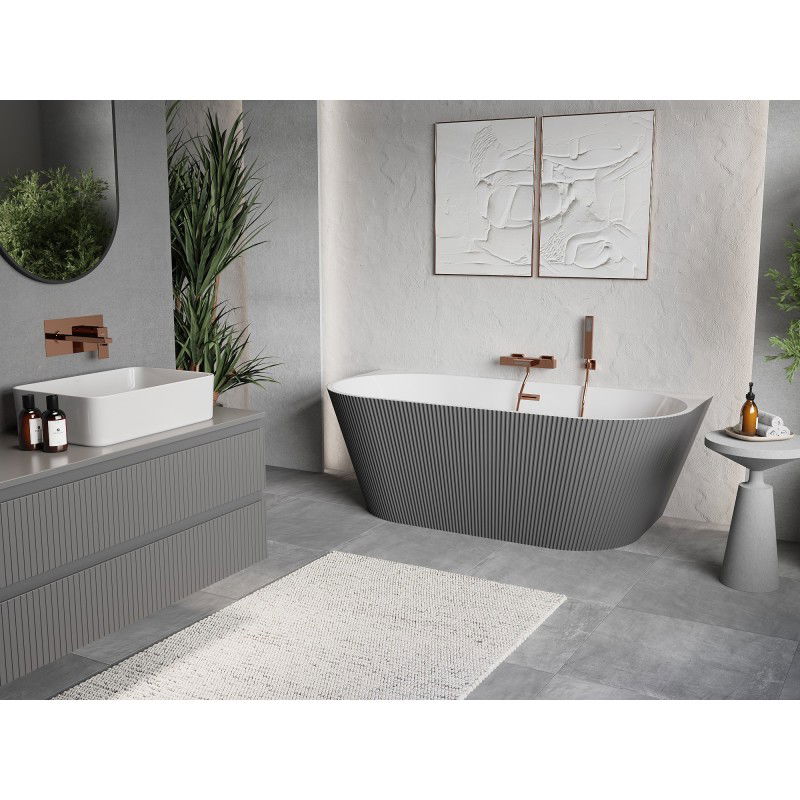 Mexen Oris wall-mounted freestanding fluted bathtub 150 x 75 cm, white/grey, brushed copper overflow - 52871507562-65