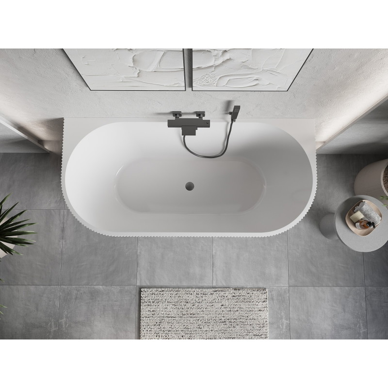 Mexen Oris freestanding wall-adjacent ribbed bathtub 150 x 75 cm, white/gray, gun gray brushed overflow - 52871507562-66