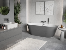Mexen Oris freestanding wall-adjacent ribbed bathtub 150 x 75 cm, white/gray, gun gray brushed overflow - 52871507562-66
