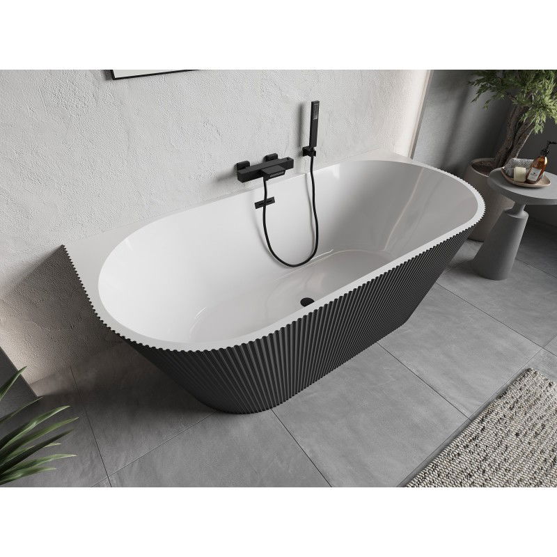 Mexen Oris freestanding back-to-wall ribbed bath 150 x 75 cm, white/grey, black overflow - 52871507562-70