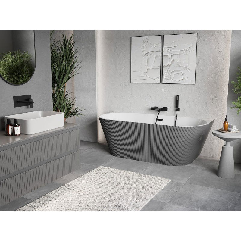 Mexen Oris freestanding back-to-wall ribbed bath 150 x 75 cm, white/grey, black overflow - 52871507562-70