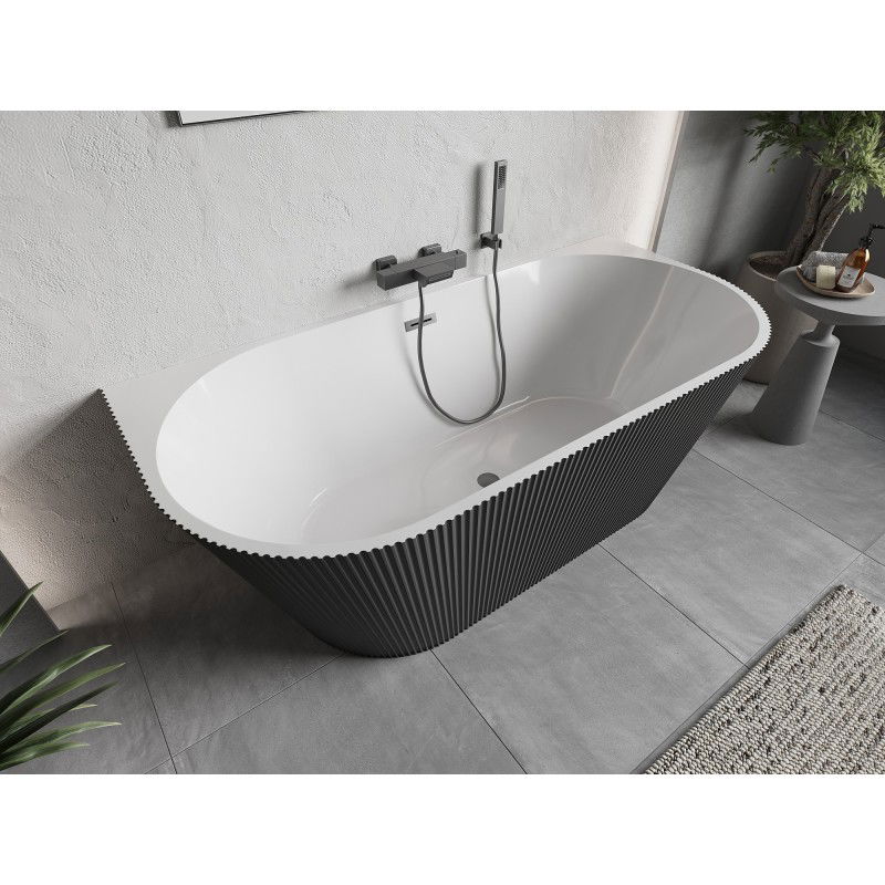 Mexen Oris freestanding wall-adjacent fluted bathtub 150 x 75 cm, white/grey, gun metal overflow - 52871507562-95