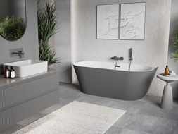 Mexen Oris freestanding wall-adjacent fluted bathtub 150 x 75 cm, white/grey, gun metal overflow - 52871507562-95