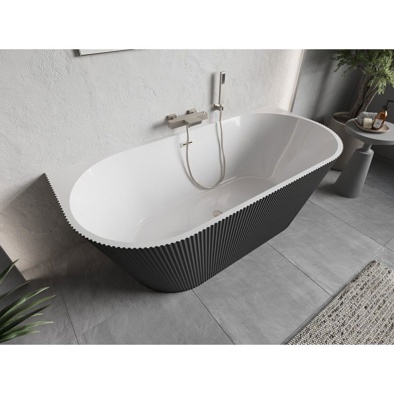 Mexen Oris freestanding wall-adjacent fluted bath 150 x 75 cm, white/grey, brushed nickel overflow - 52871507562-97