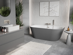Mexen Oris freestanding wall-adjacent fluted bath 150 x 75 cm, white/grey, brushed nickel overflow - 52871507562-97