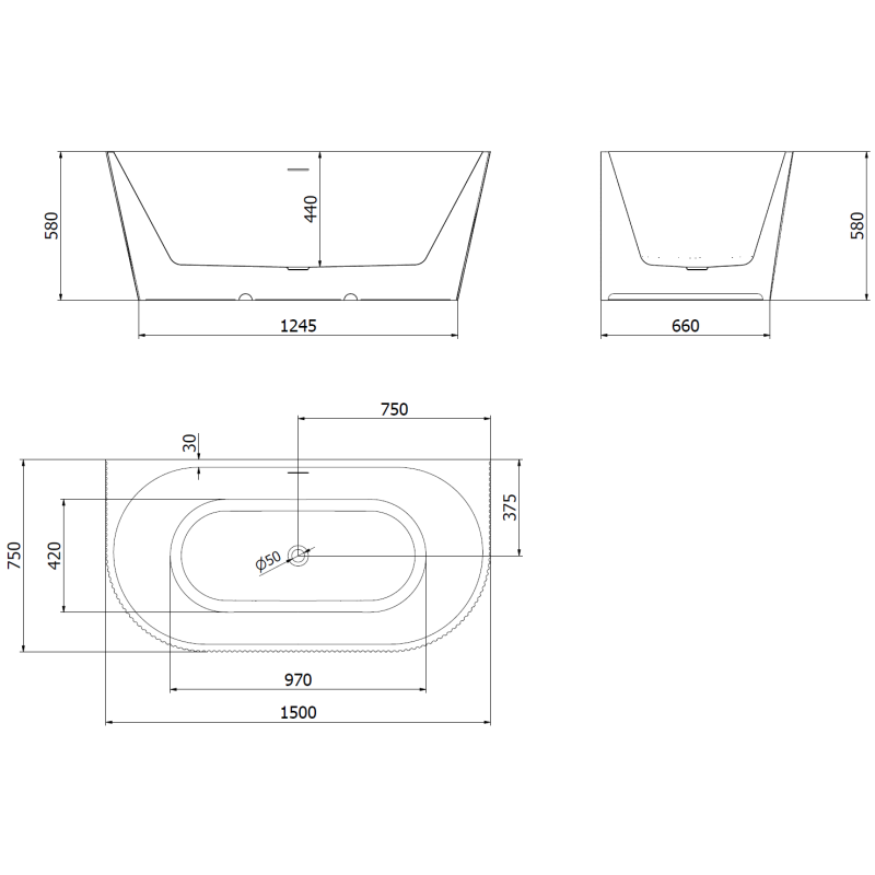 Mexen Oris free-standing wall-mounted grooved bathtub 150 x 75 cm, white/black, white overflow - 52871507575-20