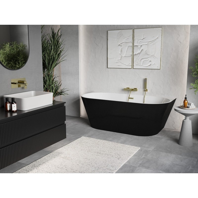 Mexen Oris freestanding wall-mounted corrugated bathtub 150 x 75 cm, white/black, gold overflow - 52871507575-50