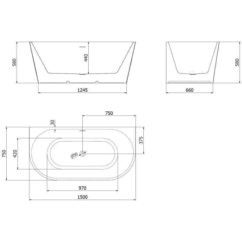Mexen Oris freestanding wall-adjacent fluted bathtub 150 x 75 cm, white/black, golden brushed overflow - 52871507575-55